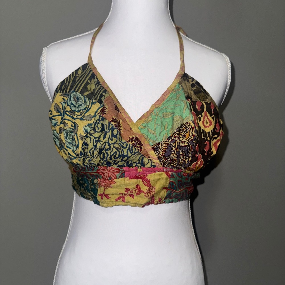 Hippie Forever Patchwork Halter Crop Top Boho Floral Festival Wrap Multi Color
